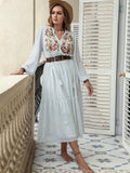 Plus Size Printed Tie Neck Long Sleeve Midi Dress 