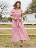 Plus Size Plaid Off-Shoulder Short Sleeve Midi Dress 
