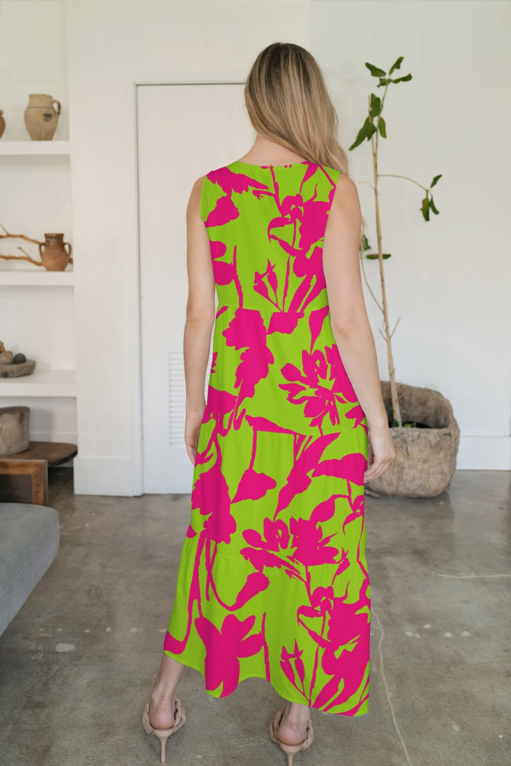 FAM-FAM Tiered Printed V-Neck Sleeveless Dress 