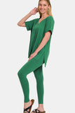 Zenana Full Size V-Neck Rolled Short Sleeve T-Shirt and Leggings Lounge Set 