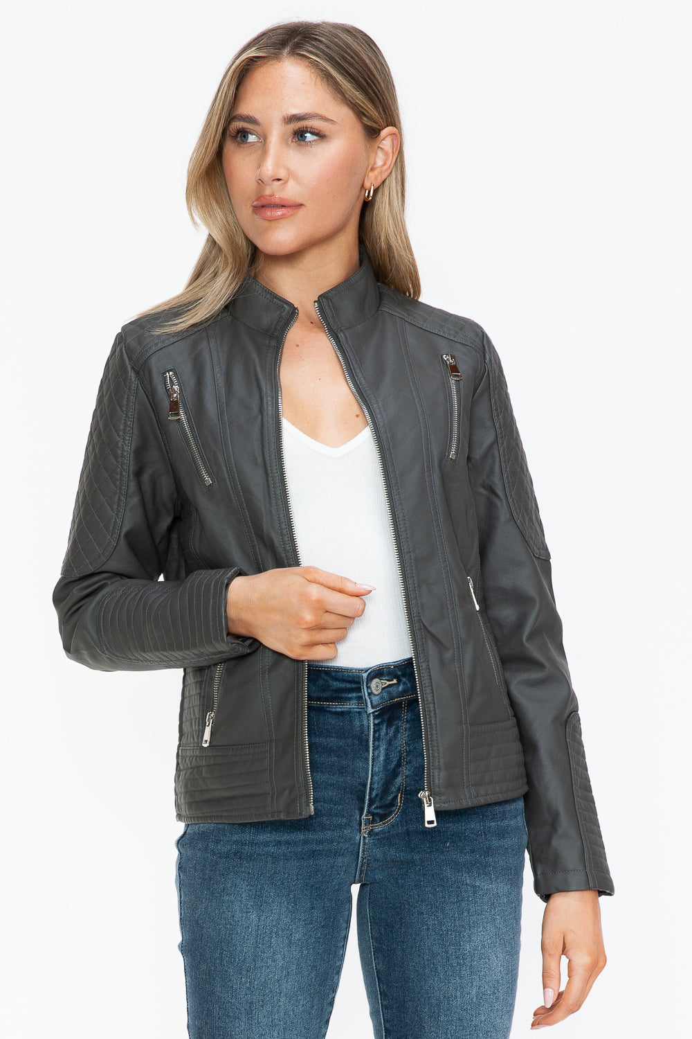 Snobbish Faux Leather Zip Up Mock Neck Jacket 