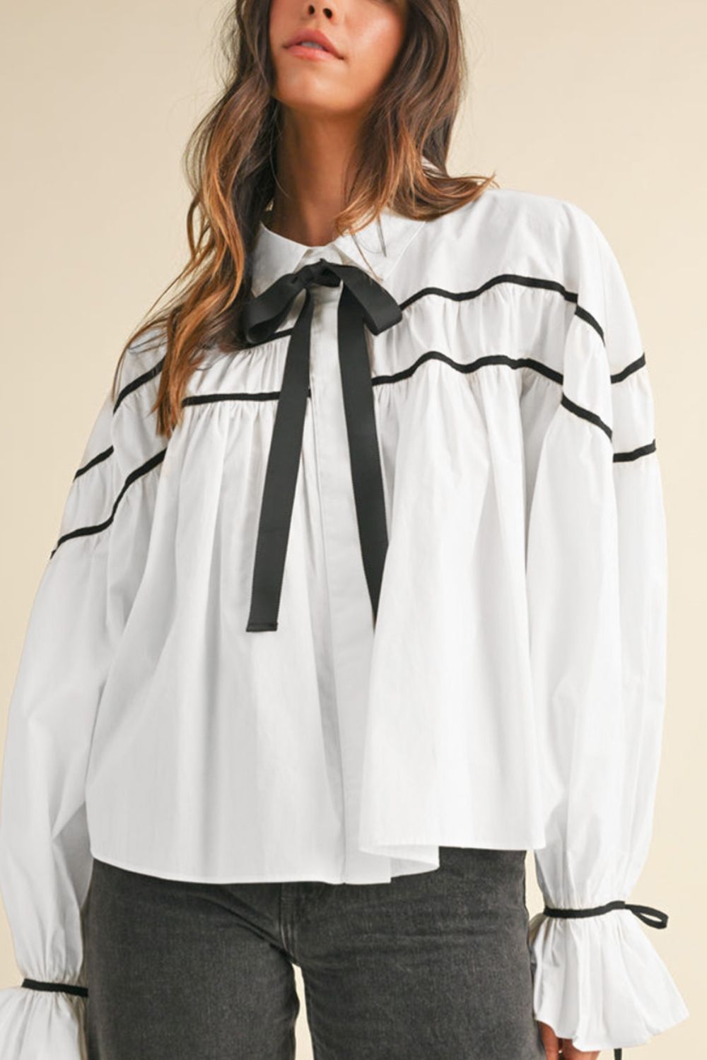 Ribbon Bowtie Collared Neck Flounce Sleeve Shirt 