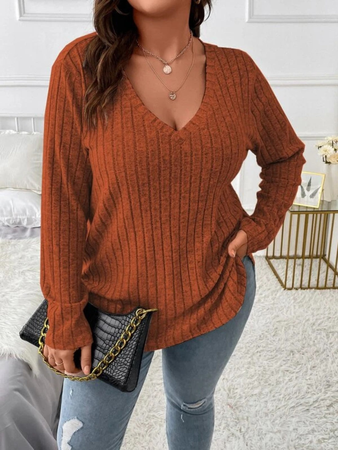 Plus Size V-Neck Long Sleeve T-Shirt 