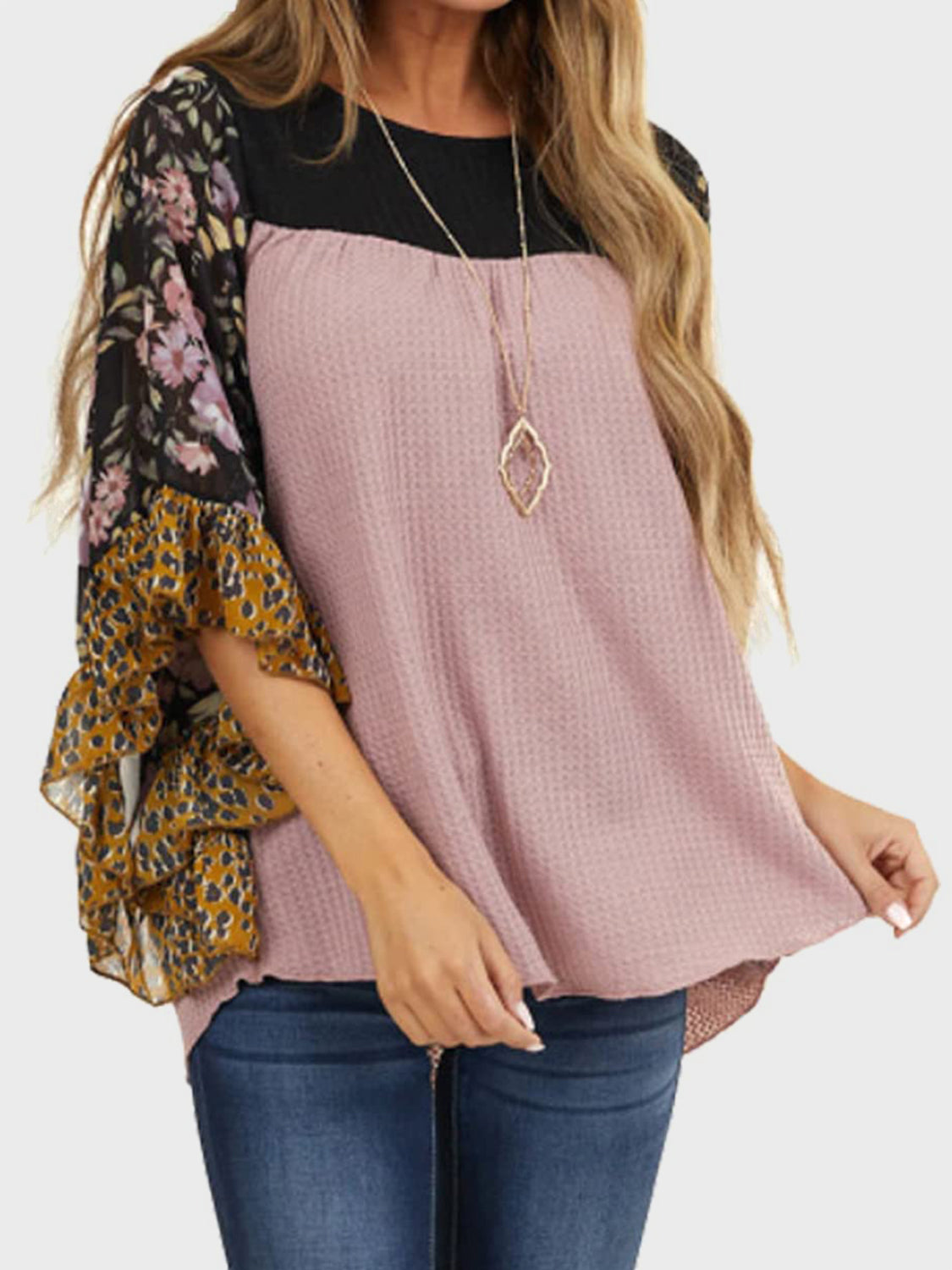 Full Size Printed Round Neck Three-Quarter Sleeve Blouse 