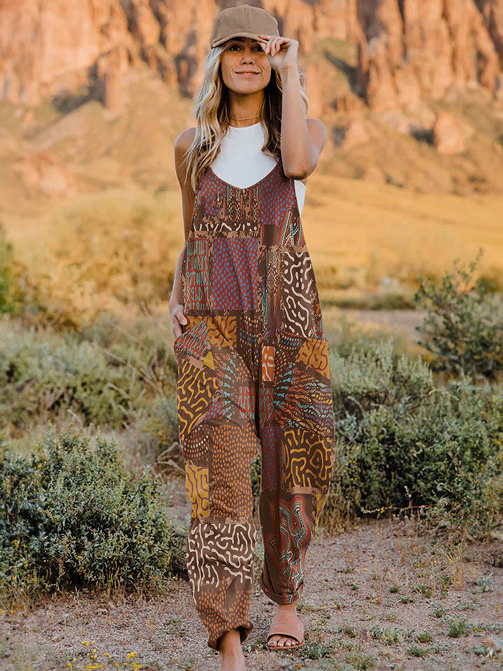 Double Take Full Size Printed V-Neck Sleeveless Jumpsuit 