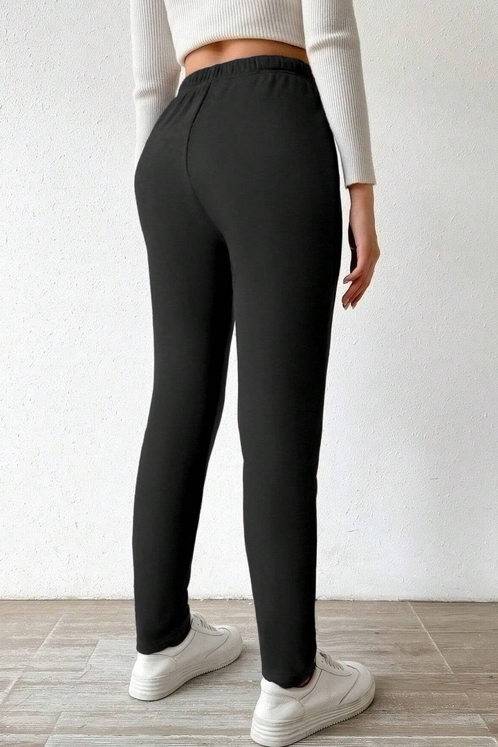 Black Thermal Lined Drawstring High Waist Leggings Bottoms/Leggings