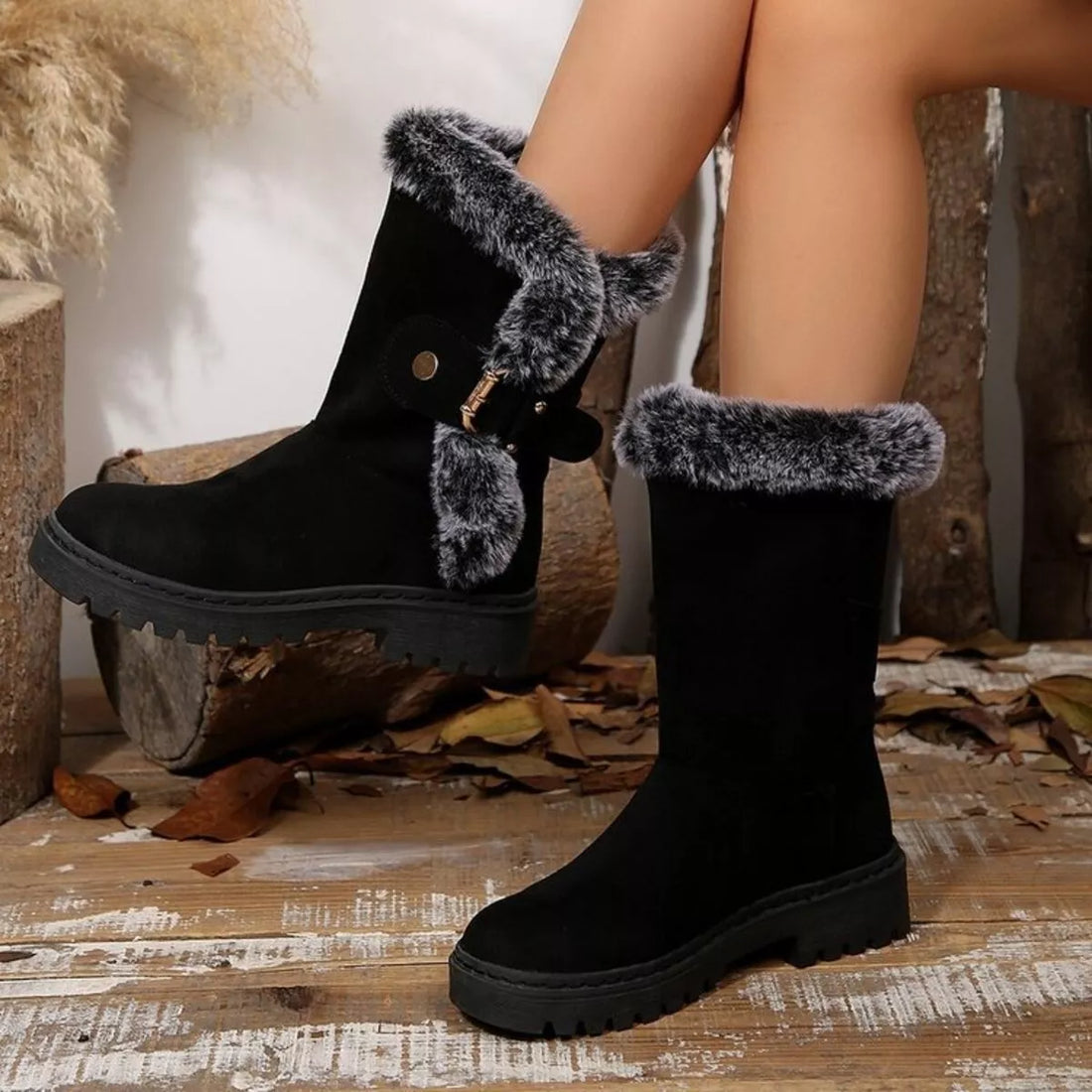 Round Toe Platform Block Heels Boots 
