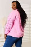 Double Take Exposed Seam Buttoned Notched Neck Blouse 