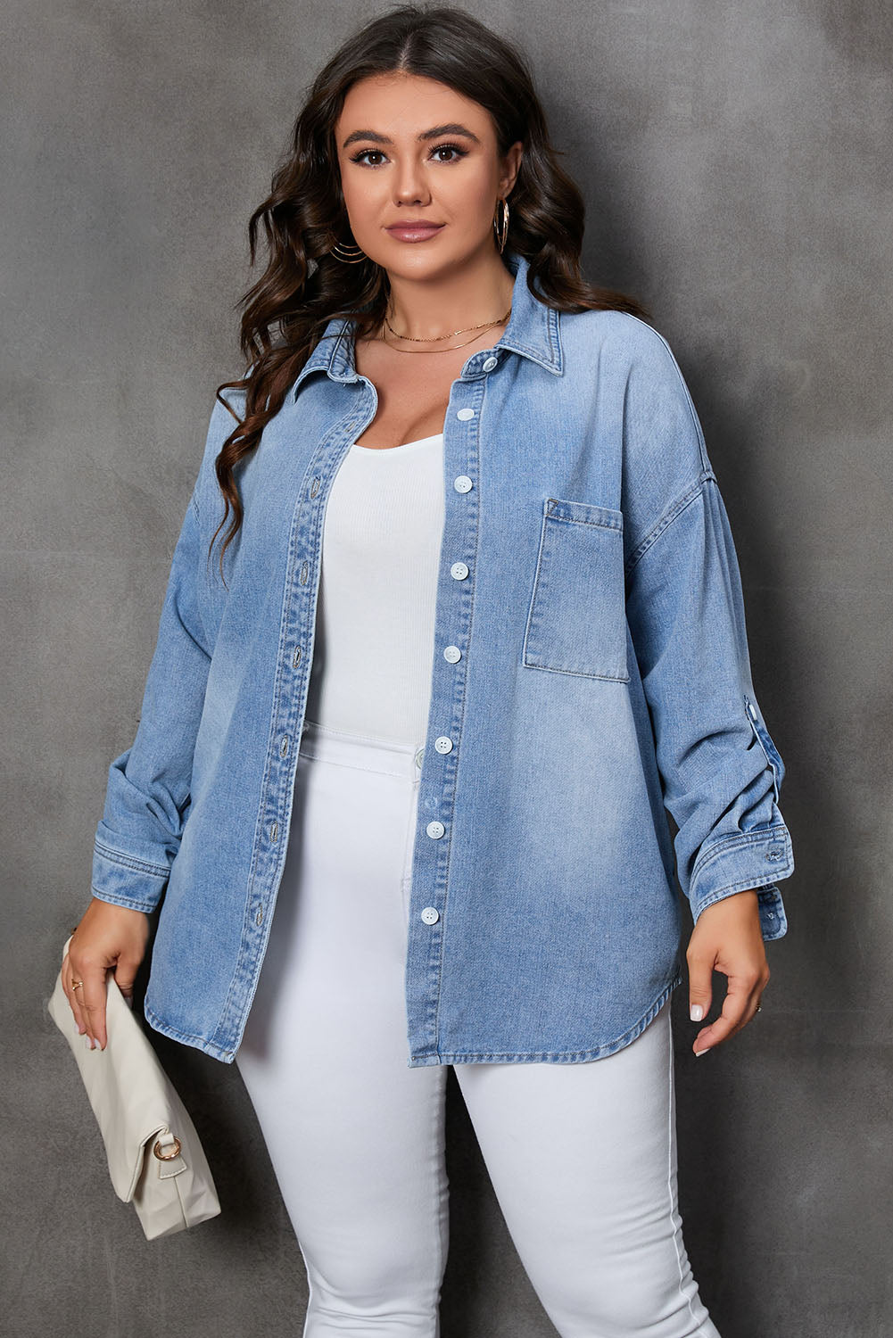 Plus Size Button Up Pocketed Denim Top 