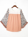 Plus Size Leopard Ruffle Trim Long Sleeve Blouse 