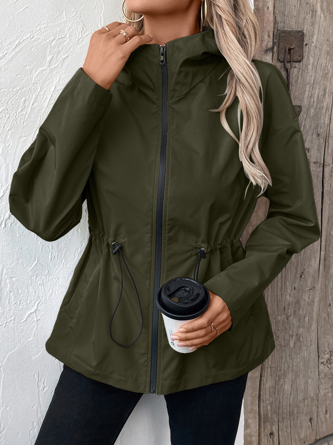 Ivy Lane Drawstring Zip Up Hooded Jacket 