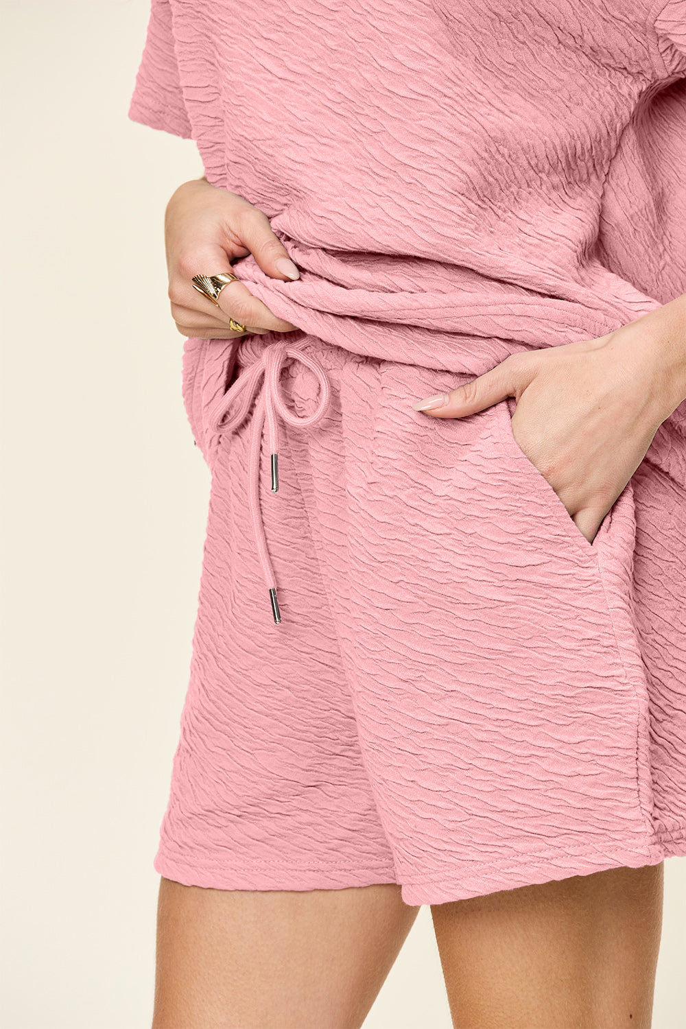 Double Take Full Size Texture Short Sleeve T-Shirt and Drawstring Shorts Set 