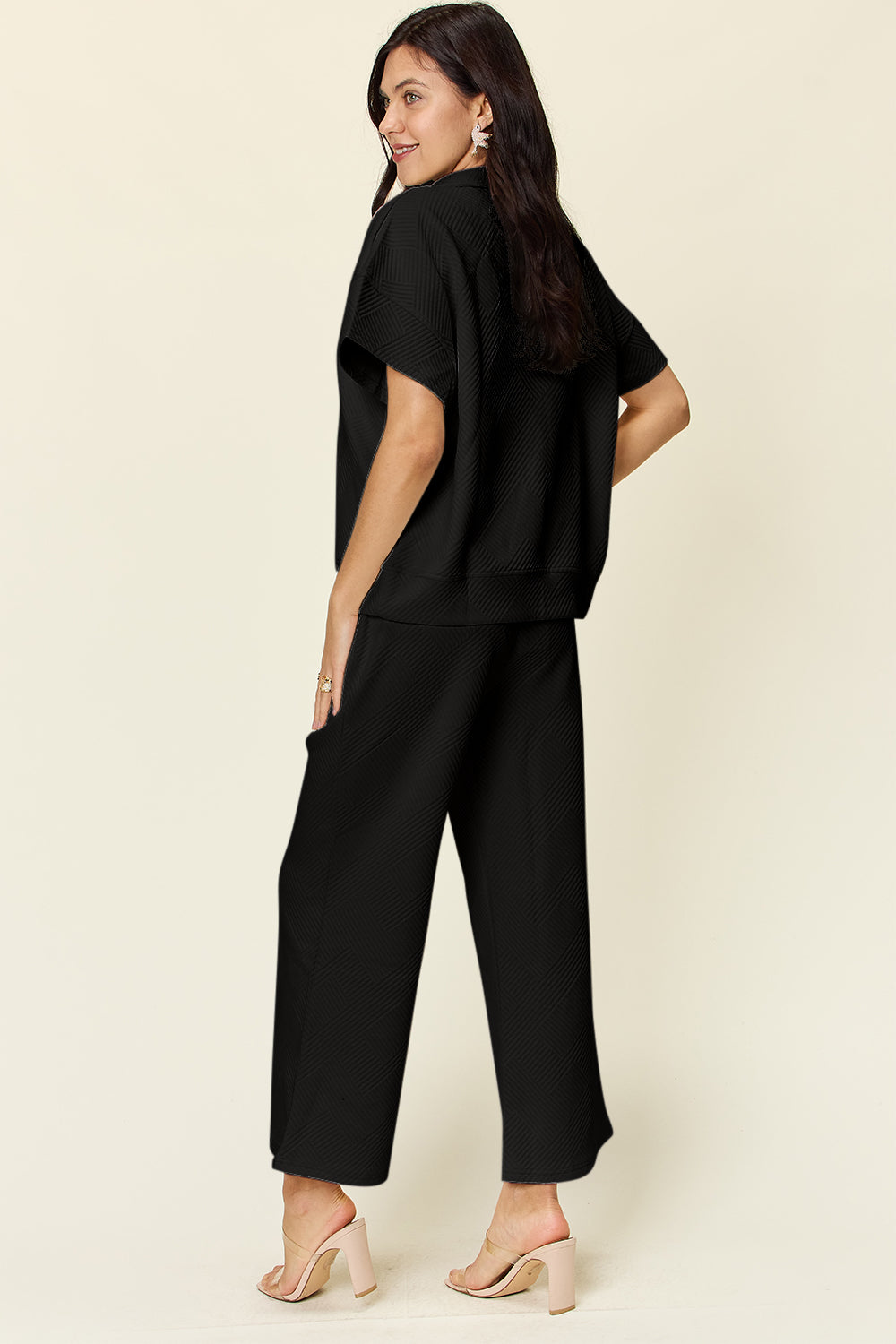 Double Take Full Size Texture Half Zip Short Sleeve Top and Pants Set 