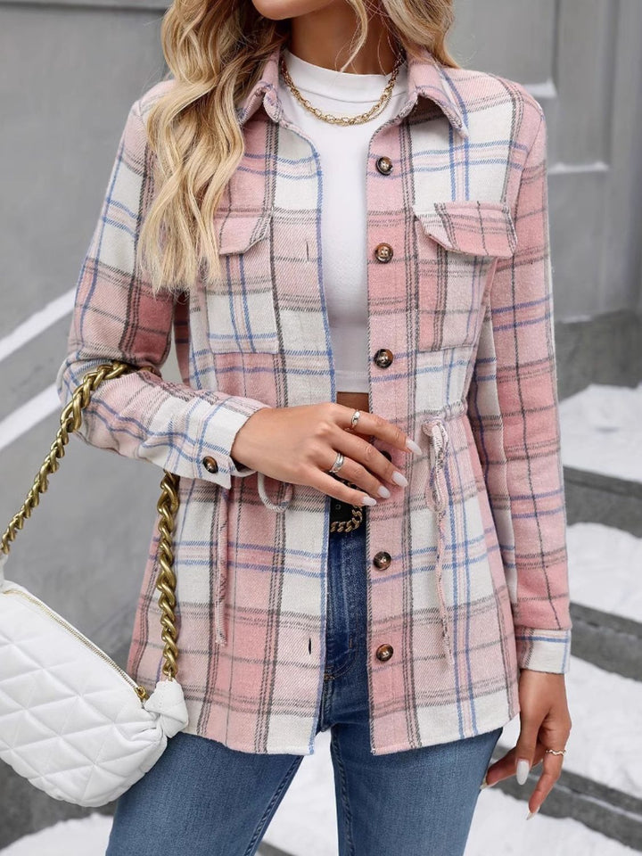 Drawstring Plaid Button Up Jacket with Chest Pockets 