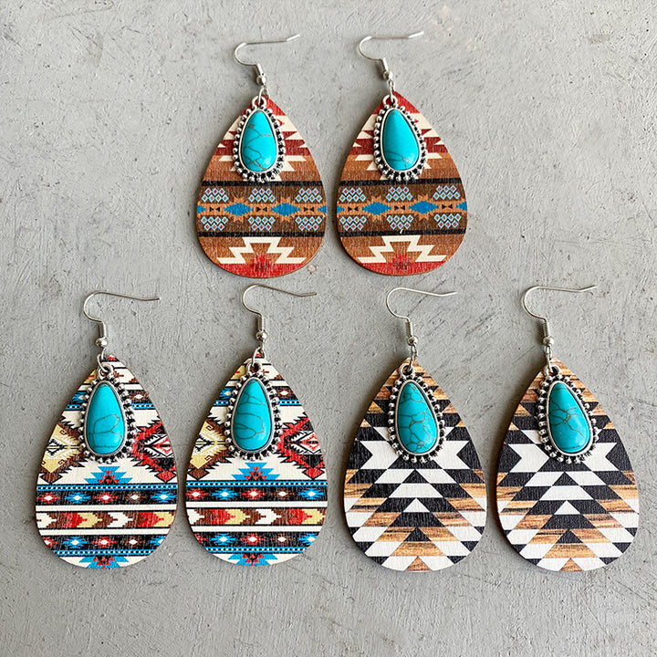 Turquoise Teardrop Shape Wooden Dangle Earrings 