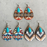 Turquoise Teardrop Shape Wooden Dangle Earrings 