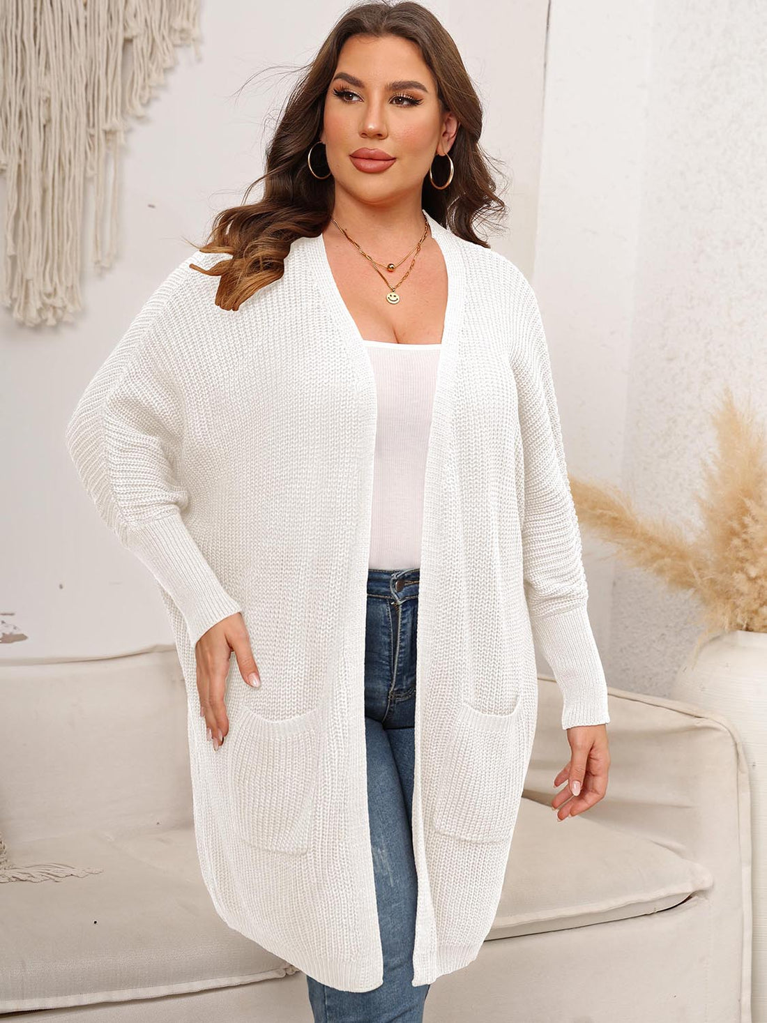Plus Size Open Front Cardigan With Pockets 