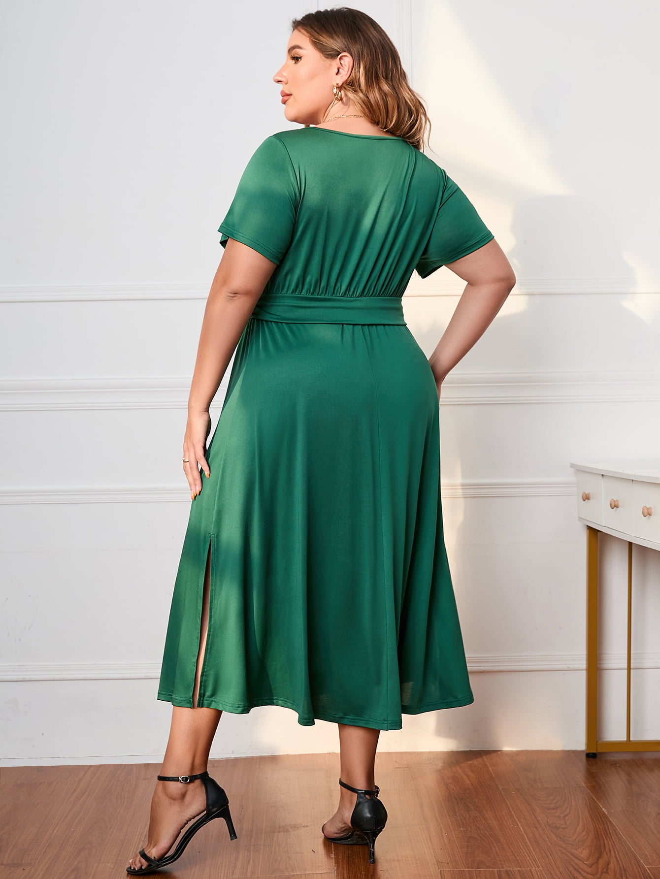 Honey Plus Size Short Sleeve Surplice Neck Midi Dress 