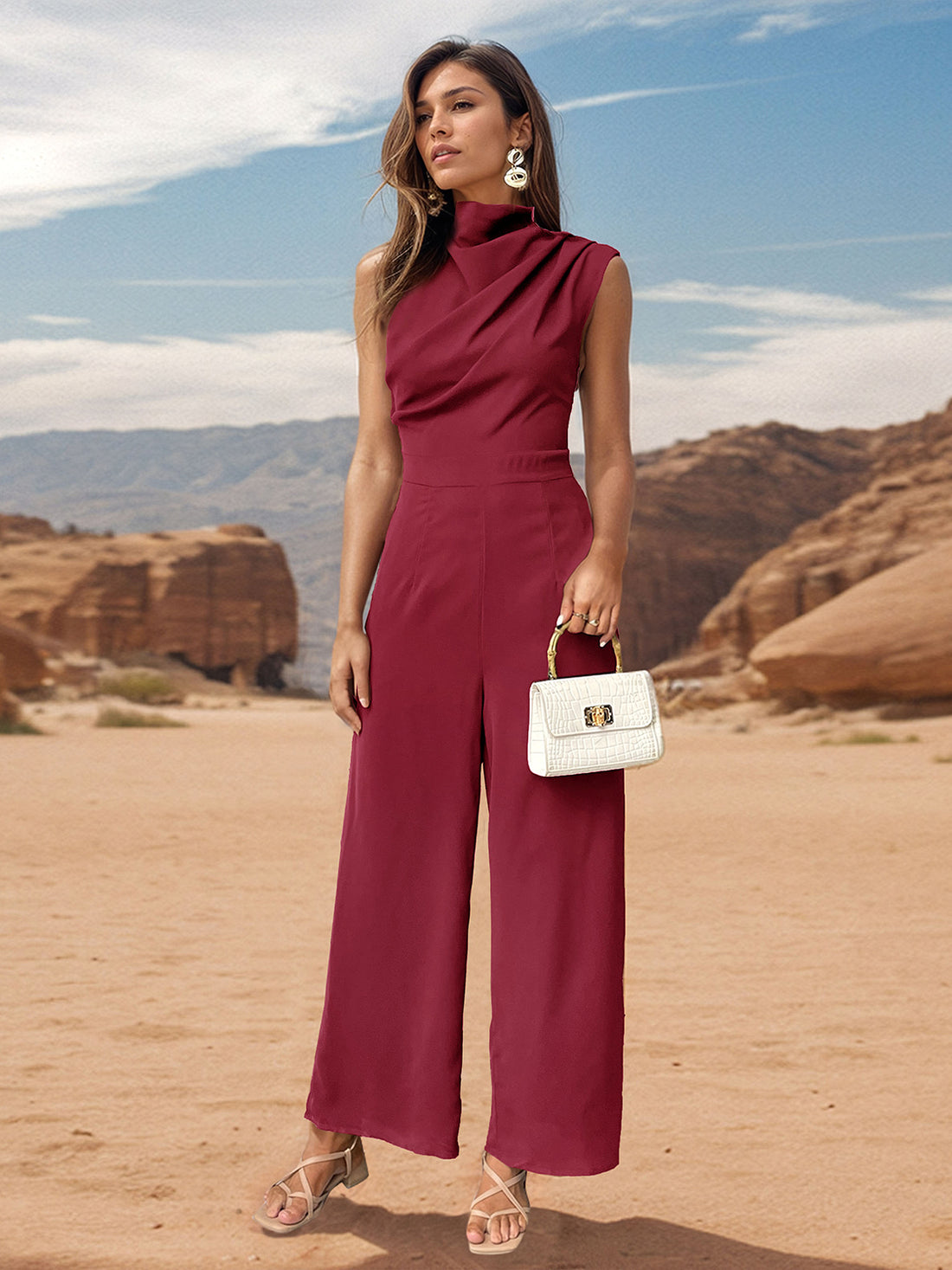 Perfee Ruched Mock Neck Sleeveless Jumpsuit 