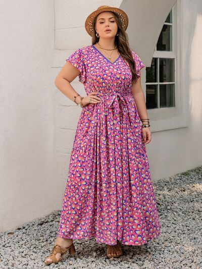 Plus Size Printed V-Neck Flutter Sleeve Tie Waist Maxi Dress Dresses