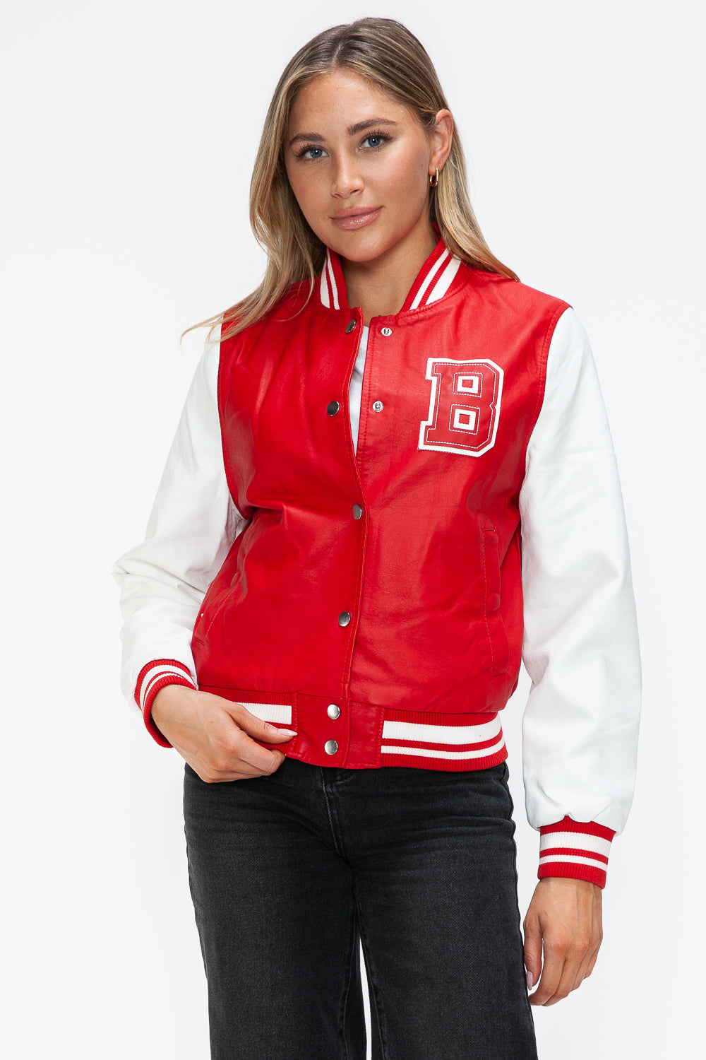 Love Me Now PU Leather Contrast Snap Down Bomber Jacket 