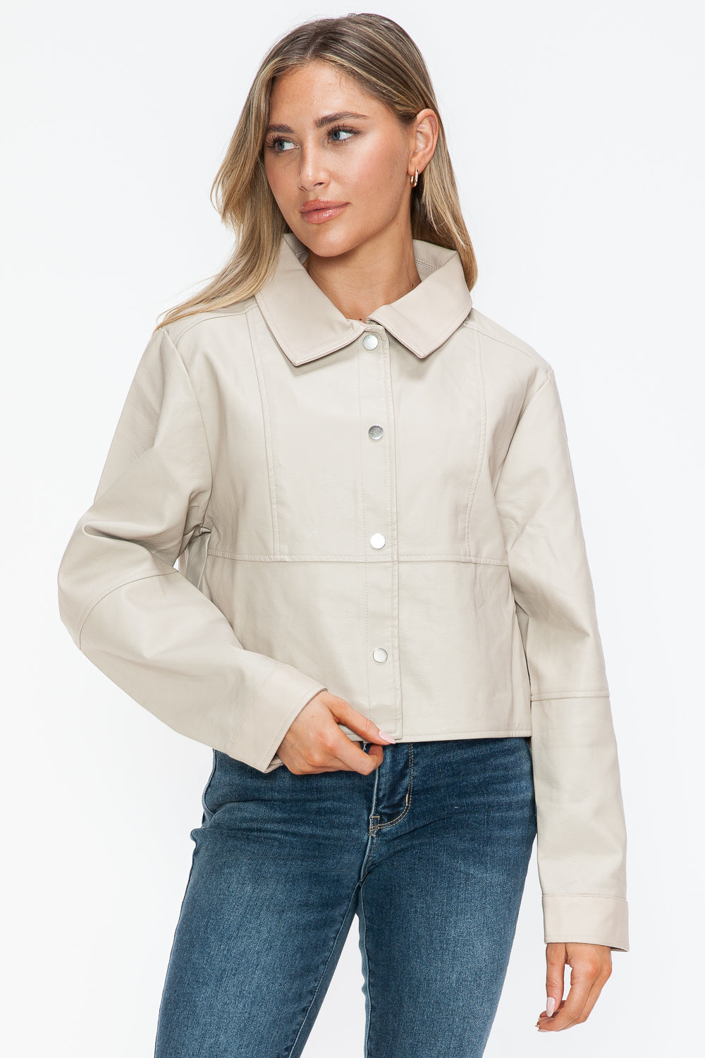 Snobbish Snap Down Long Sleeve PU Leather Jacket 