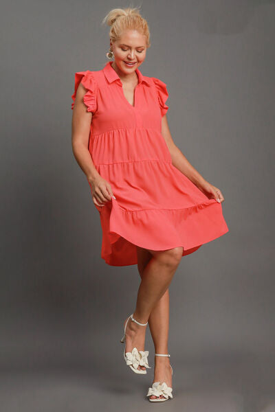 Umgee Full Size Johnny Collar Ruffle Cap Sleeve Tiered Dress Plus Size Dresses