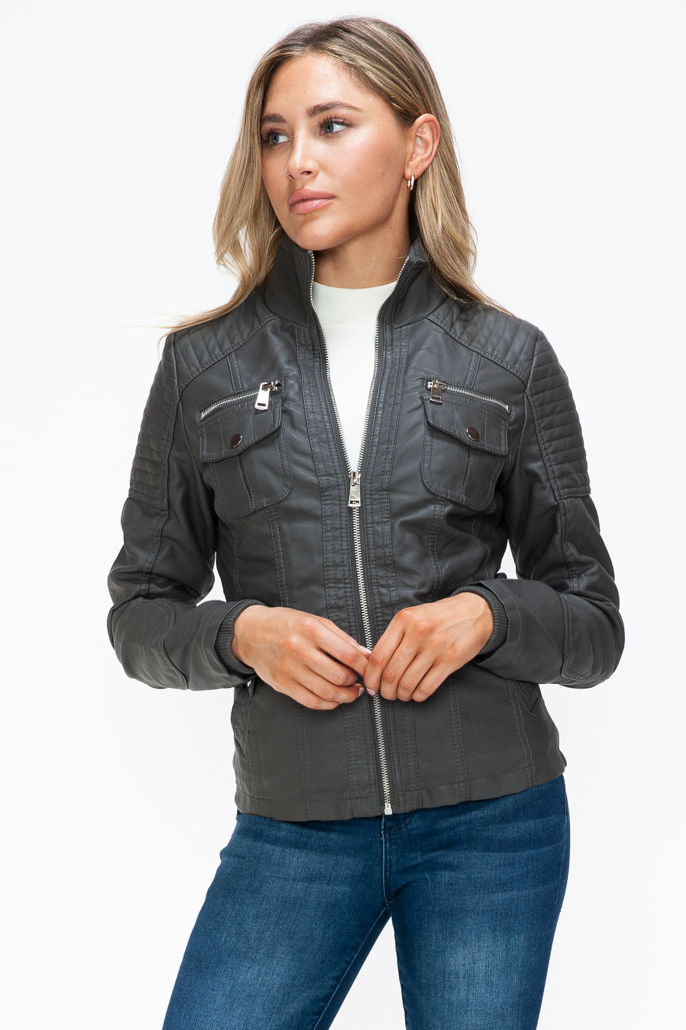 YMI Removable Faux Layered Multi-Pocket Jacket with Fuzzy Hood 