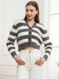 Button Down V-Neck Striped Cardigan 