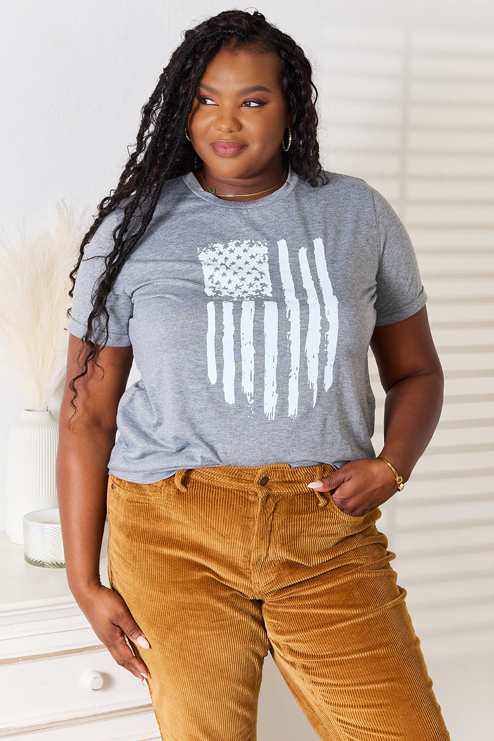 Simply Love US Flag Graphic Cuffed Sleeve T-Shirt 