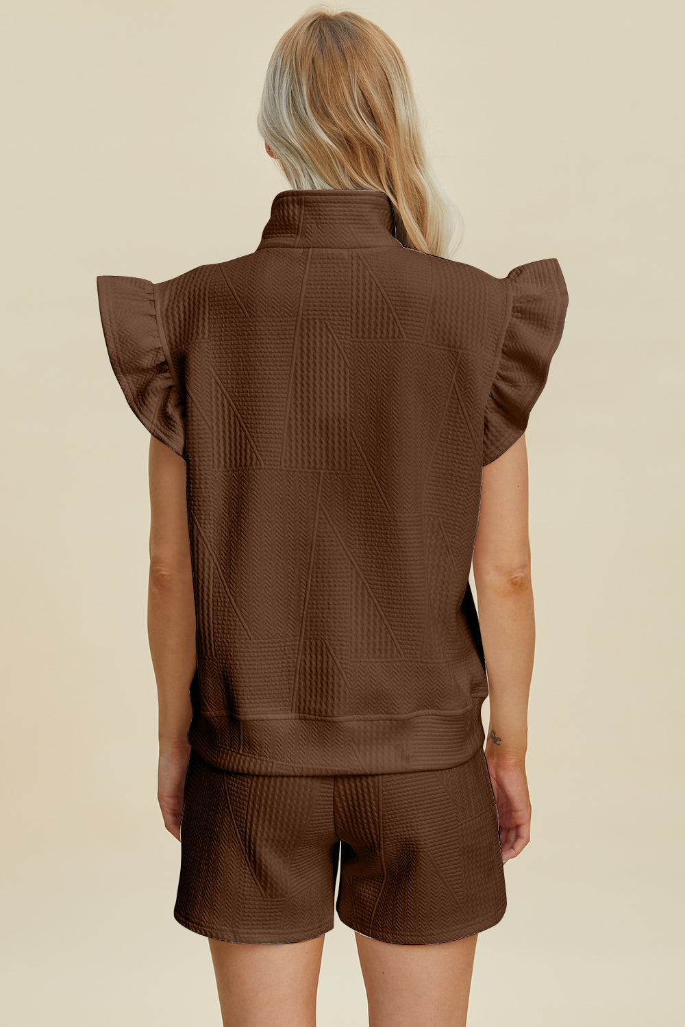 Double Take Full Size Texture Flounce Sleeve Top and Shorts Set 