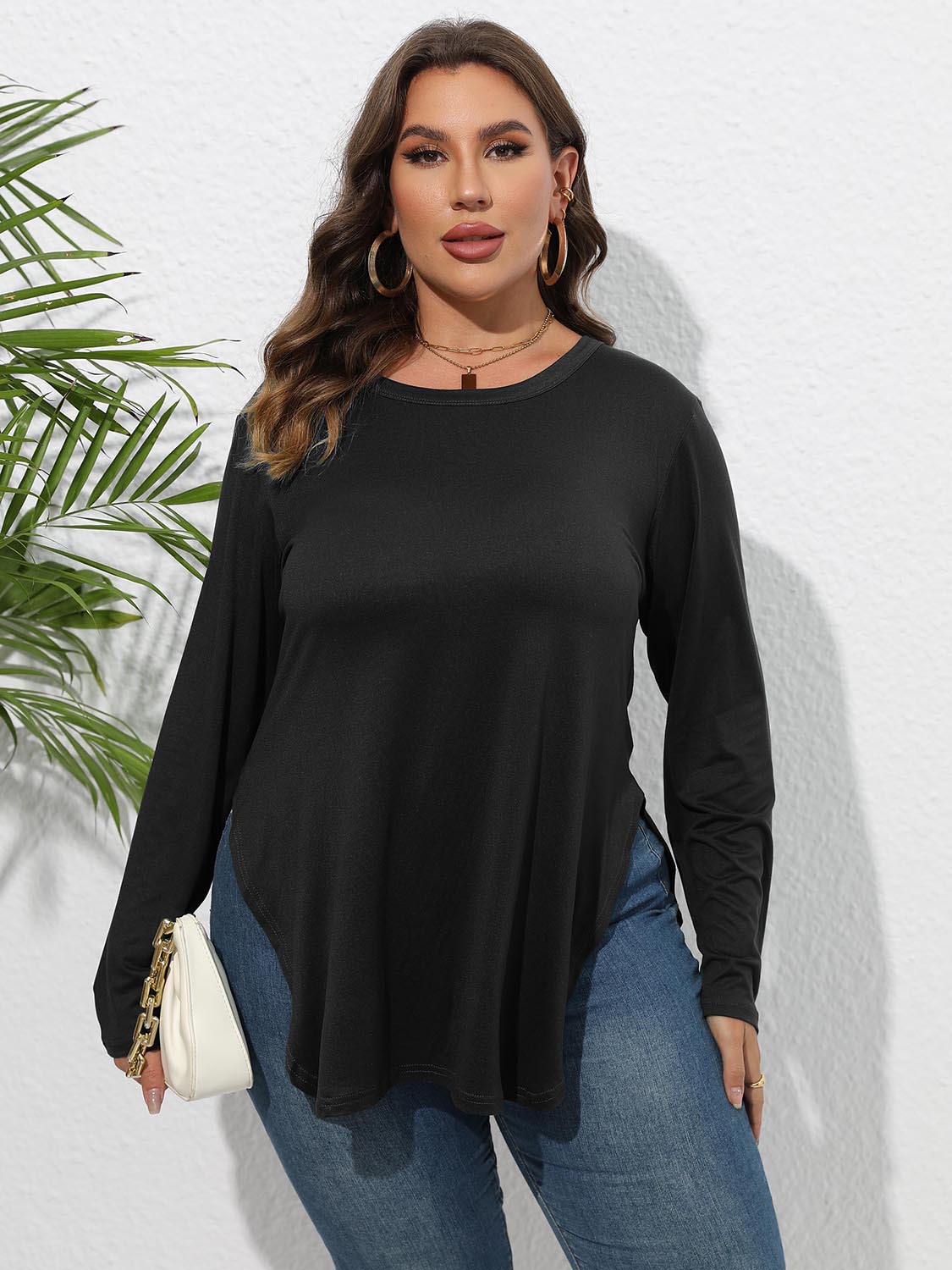 Plus Size Round Neck Long Sleeve Slit T-Shirt 