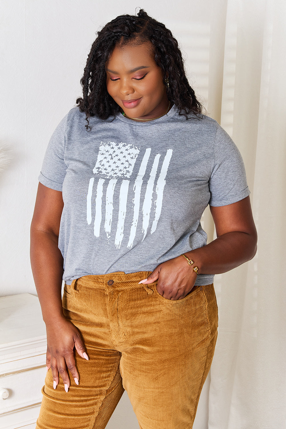Simply Love US Flag Graphic Cuffed Sleeve T-Shirt 