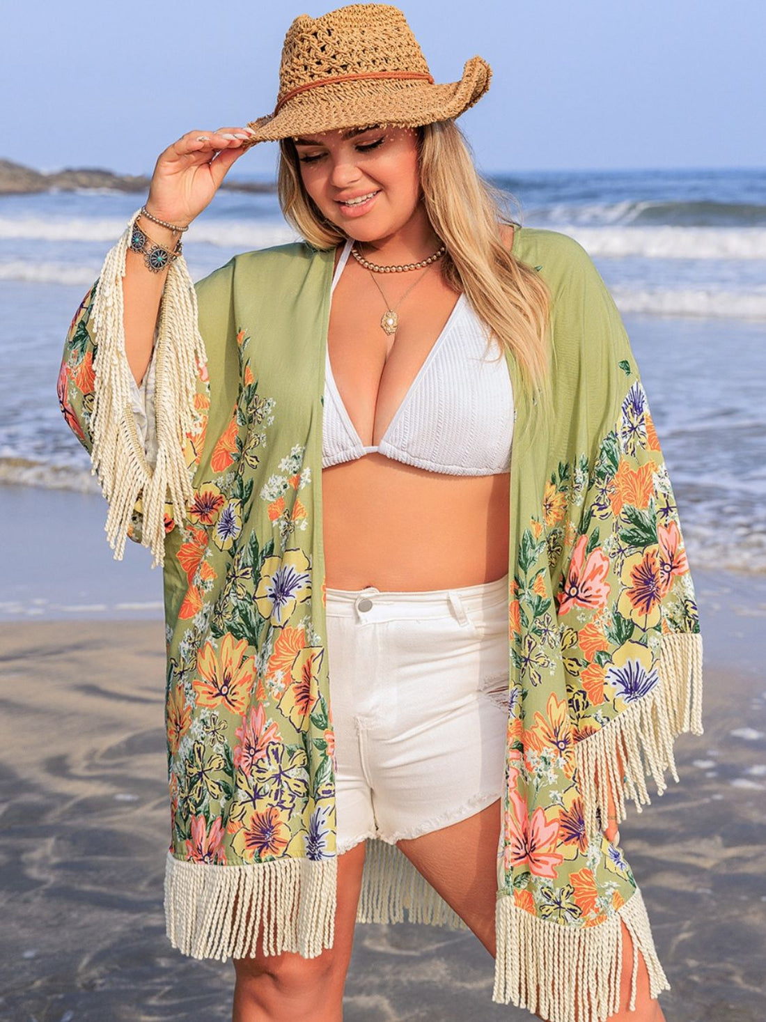 Plus Size Fringe Open Front Cover-Up 