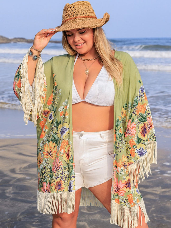 Plus Size Fringe Open Front Cover-Up 