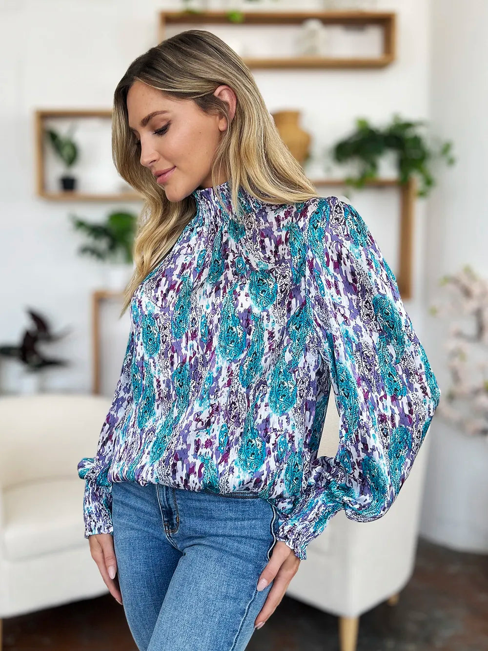 Double Take Full Size Printed Smocked Long Sleeve Blouse 