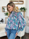 Double Take Full Size Printed Smocked Long Sleeve Blouse 