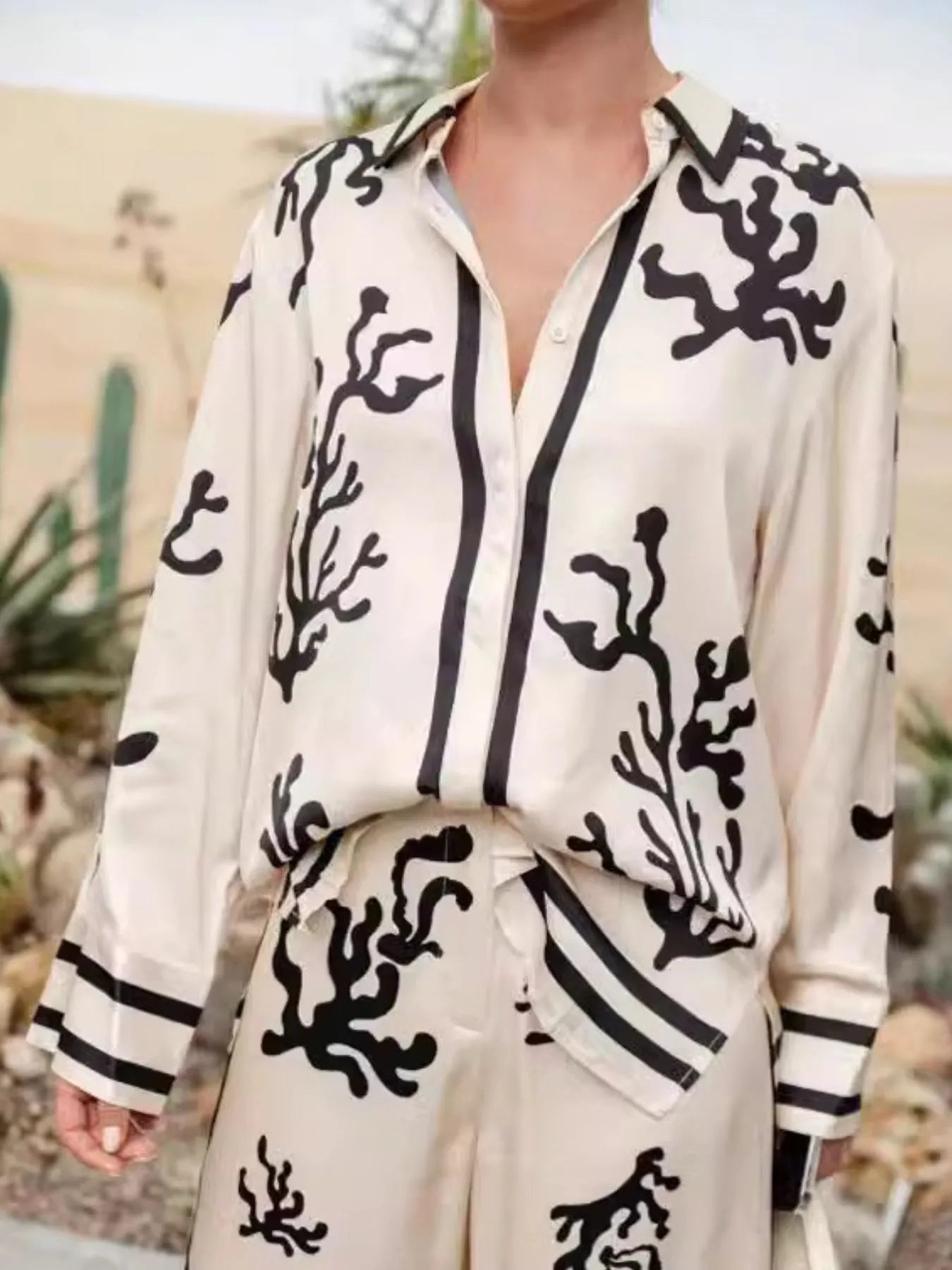 Printed Long Sleeve Shirt and Pants Set Two Piece Dresses