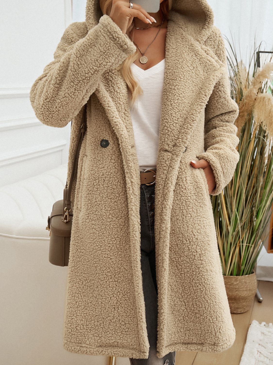 Devine Pocketed Long Sleeve Hooded Teddy Coat 