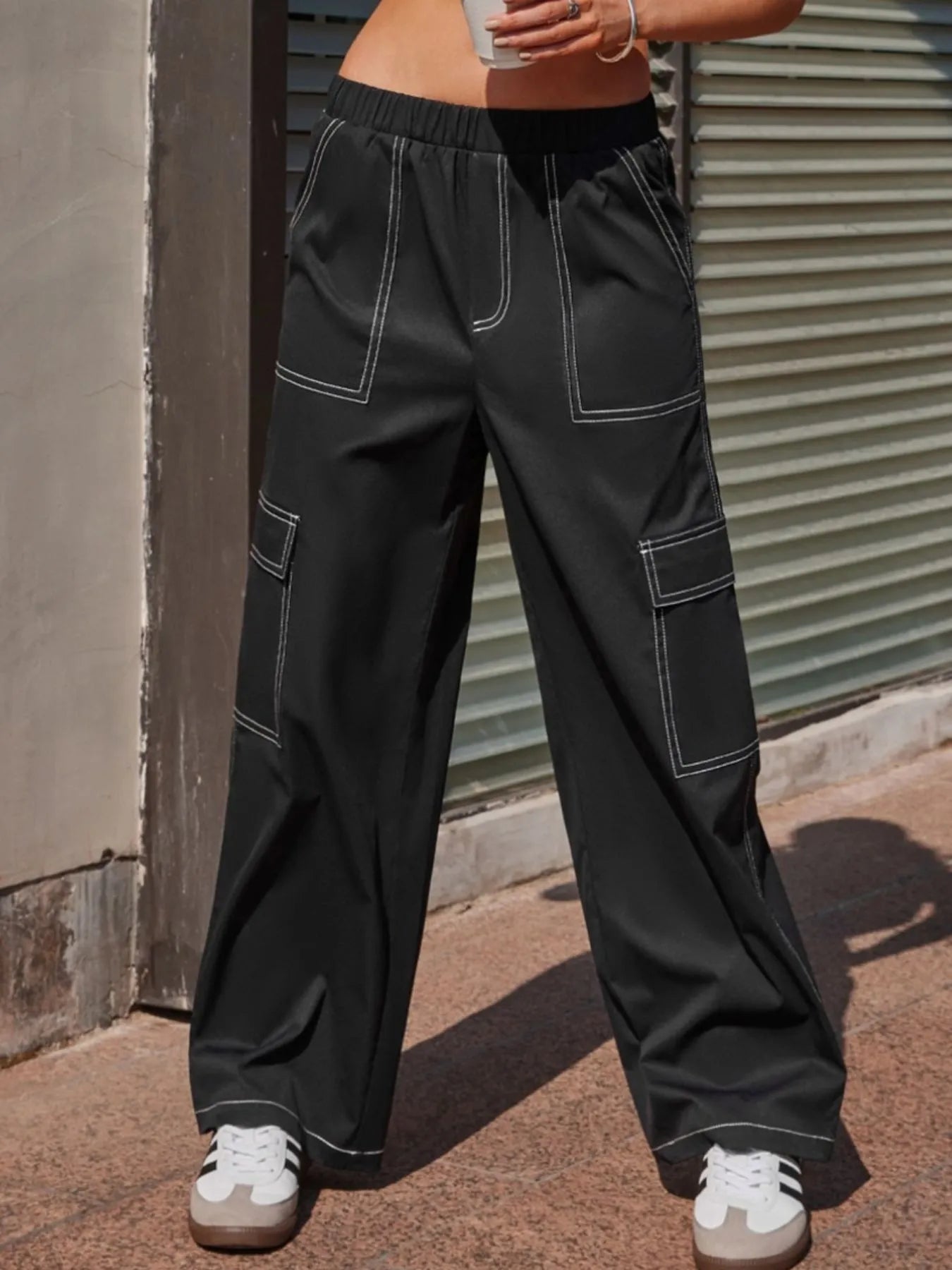 Wide Leg Pants with Contrast Stitching 
