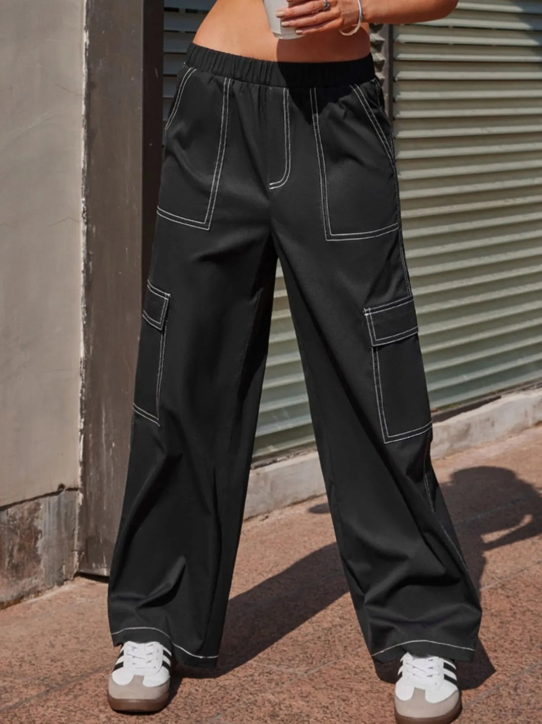 Wide Leg Pants with Contrast Stitching 