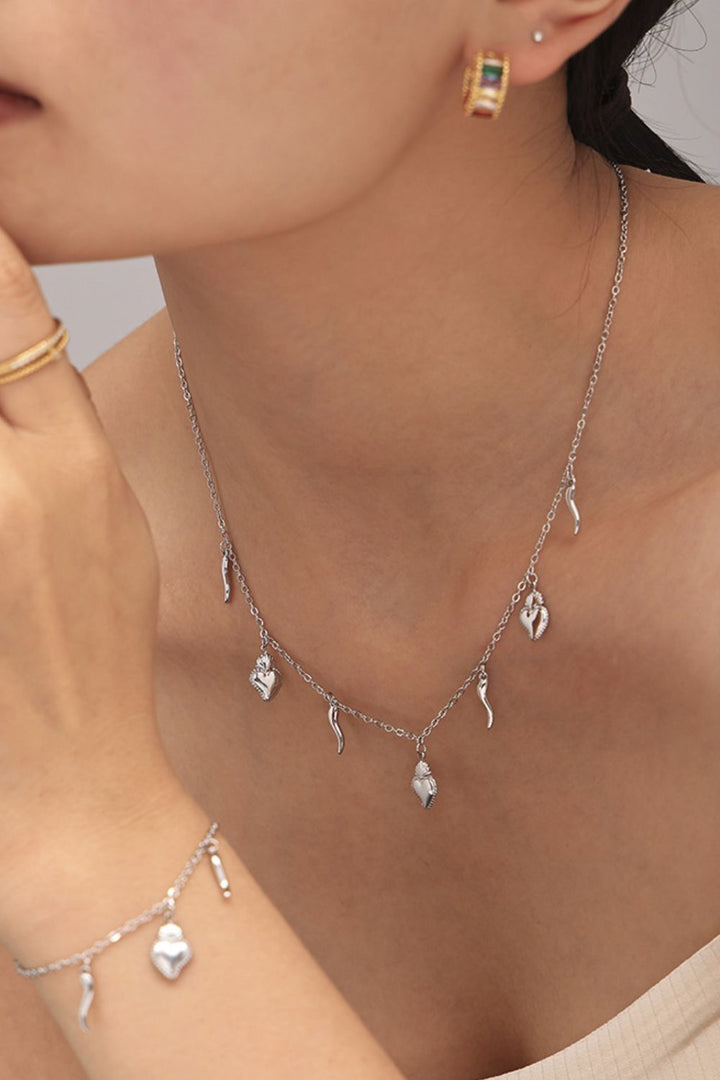 Stainless Steel Heart Charm Bracelet and Necklace Set 