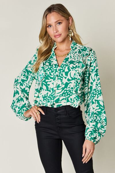 Double Take Full Size Printed Ruffle Trim Balloon Sleeve Shirt 