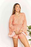 Double Take Printed Flare Sleeve Surplice Romper 
