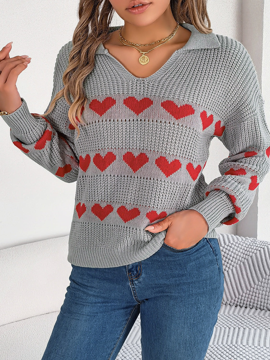 Heart Johnny Collar Long Sleeve Sweater 