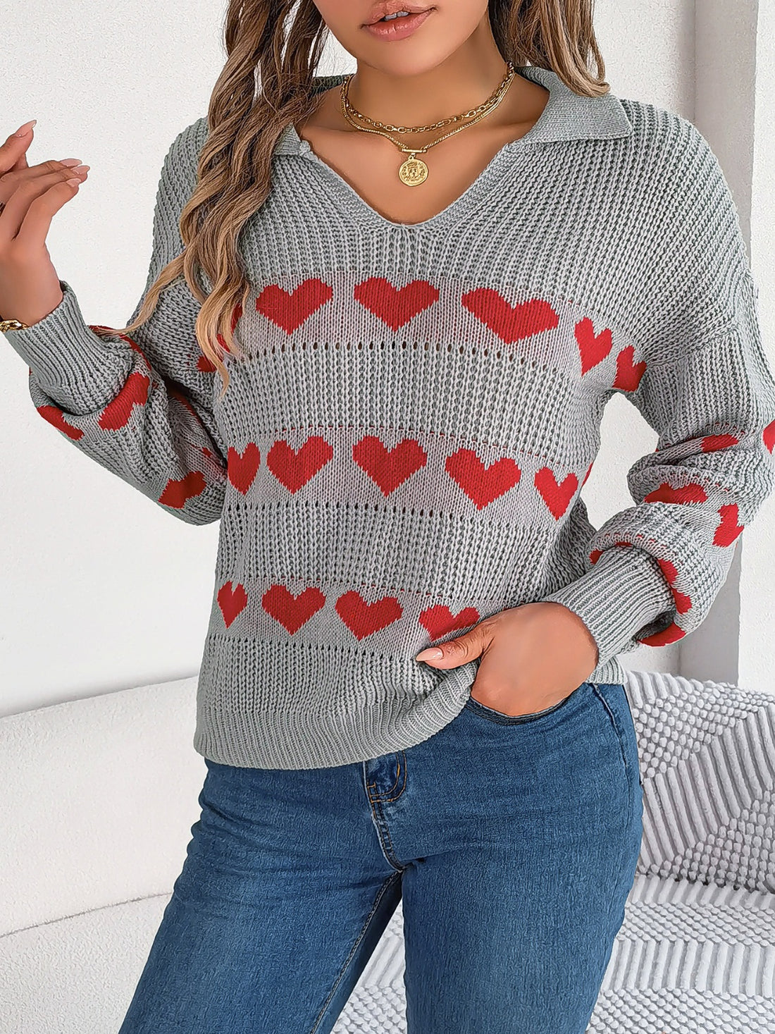 Heart Johnny Collar Long Sleeve Sweater 