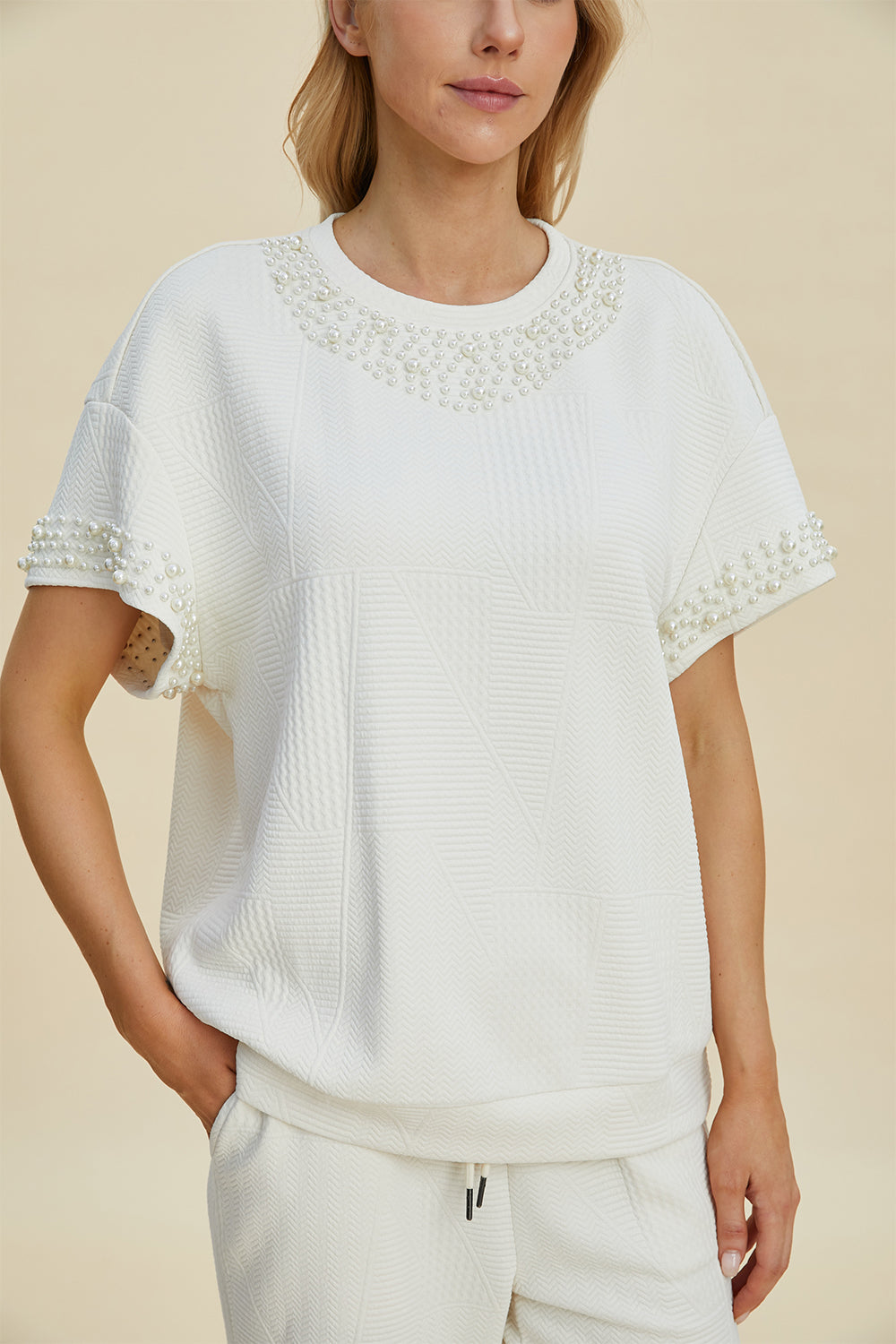 Double Take Full Size Pearl Detail Round Neck Top and Pants Set 