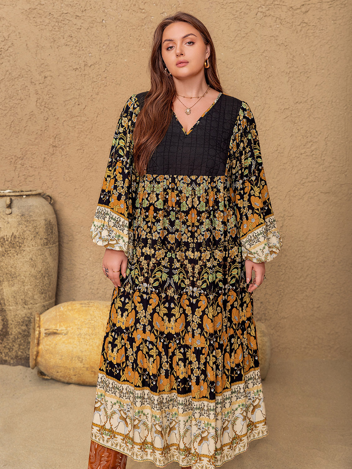 Plus Size Floral V-Neck Balloon Sleeve Midi Dress 