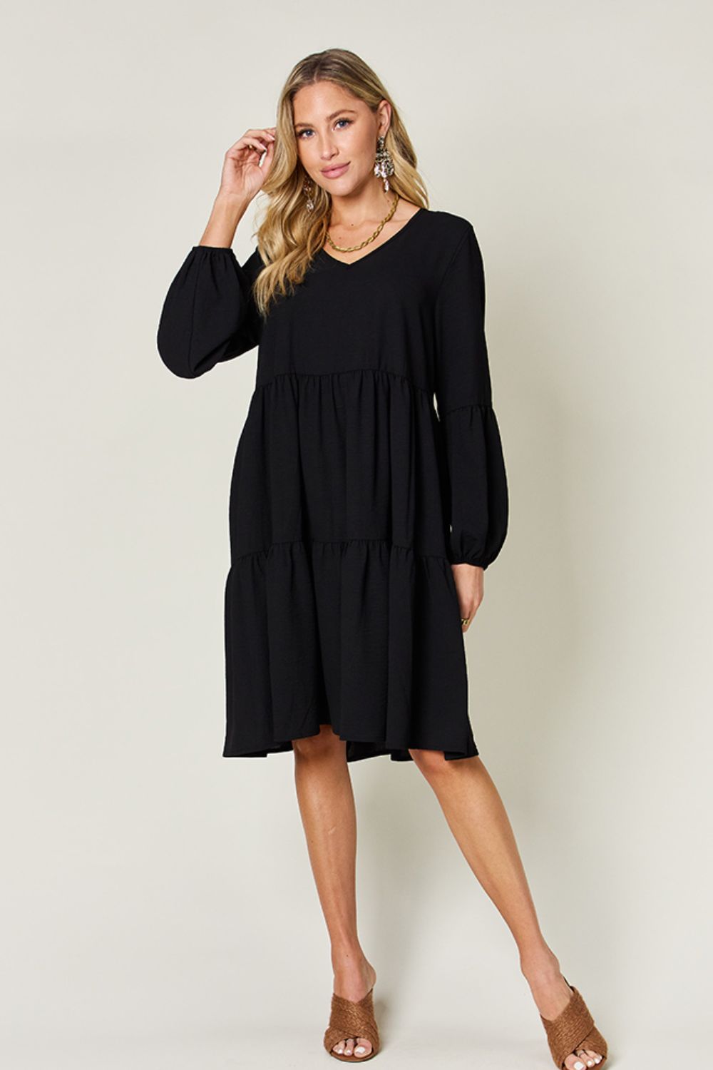 Double Take Full Size V-Neck Balloon Sleeve Tiered Dress with Pockets 
