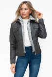 YMI Removable Faux Layered Multi-Pocket Jacket with Fuzzy Hood 